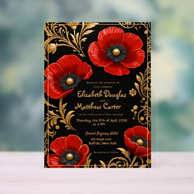 Señal Acrílica Luxury Black Red and Gold Floral Wedding  (Neutral )