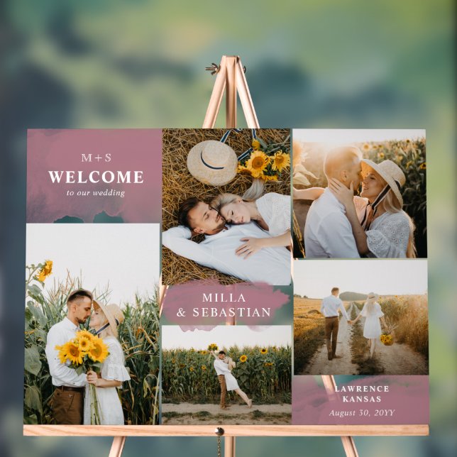 Señal Acrílica Madera rosa Limpia Moderna y 5 Fotos Bienvenidos (Neutral )