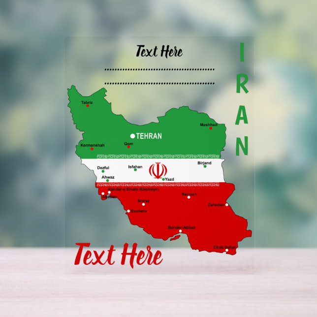 Señal Acrílica Mapa de Irán con bandera y emblema (Neutral )