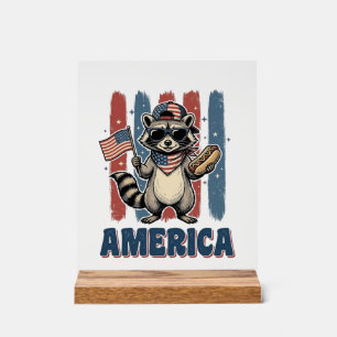 Señal Acrílica Mapache Patriótico América Diseño de Camiseta Vint