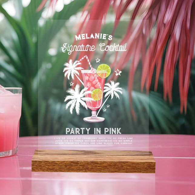 Señal Acrílica Marca de bachillerato tropical retro Bebida rosa (Retro Tropical Bachelorette Signature Pink Drink Acrylic Sign)