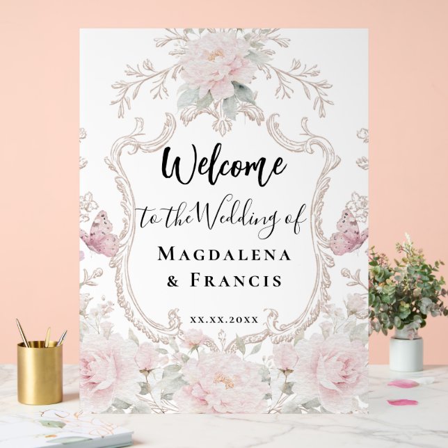Señal Acrílica marco de flores rosadas bienvenida boda (Boda)