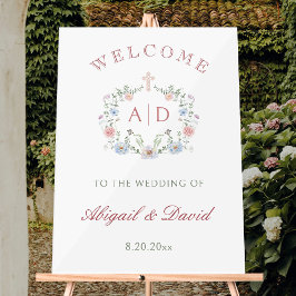 Señal Acrílica Marco floral Boda religioso Monogramas Bienvenidos