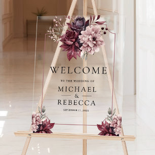 Señal Acrílica Marco floral oscuro y sombrío para boda de bienven