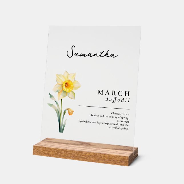Señal Acrílica Marzo Mes de Nacimiento Flor Daffodil Personalizad (Ángulo)
