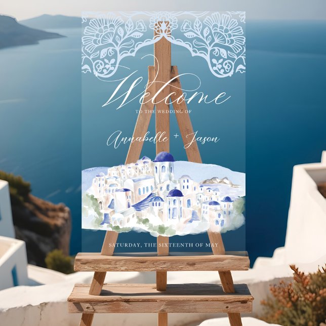 Señal Acrílica Matrimonio de destino de la acuarela de Santorini  (Santorini Greece Watercolor Destination Wedding Acrylic Sign)