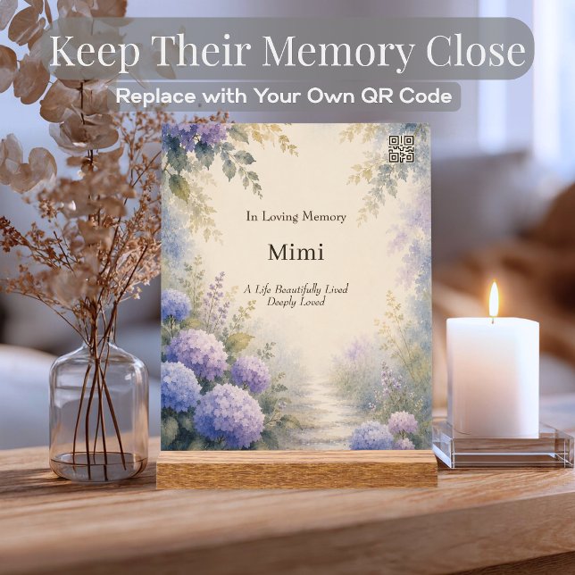 Señal Acrílica Memorial de código QR personalizado con flores de  (Custom QR code memorial acrylic sign with watercolor hydrangeas for sharing treasured memories.)