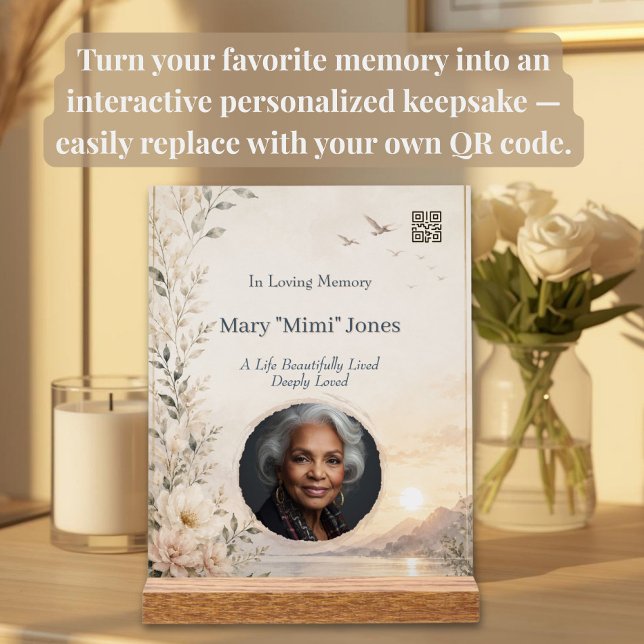 Señal Acrílica Memorial Personalizado con Foto y Código QR (Personalized memorial acrylic with QR code keepsake for music, videos, voice messages & memories)