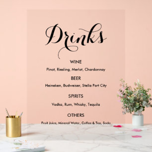 Señal Acrílica Menú de Bar Bebidas Fiesta de Boda Elegante