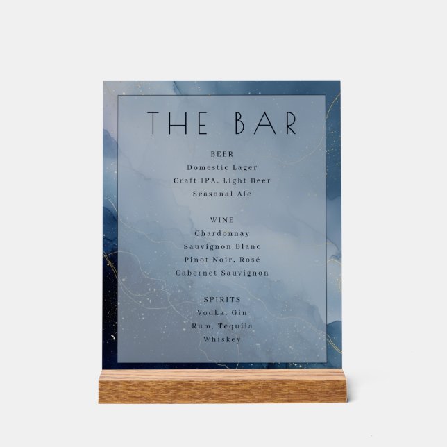 Señal Acrílica Menú de Bar de Acuarela Azul Sofisticado (Anverso)