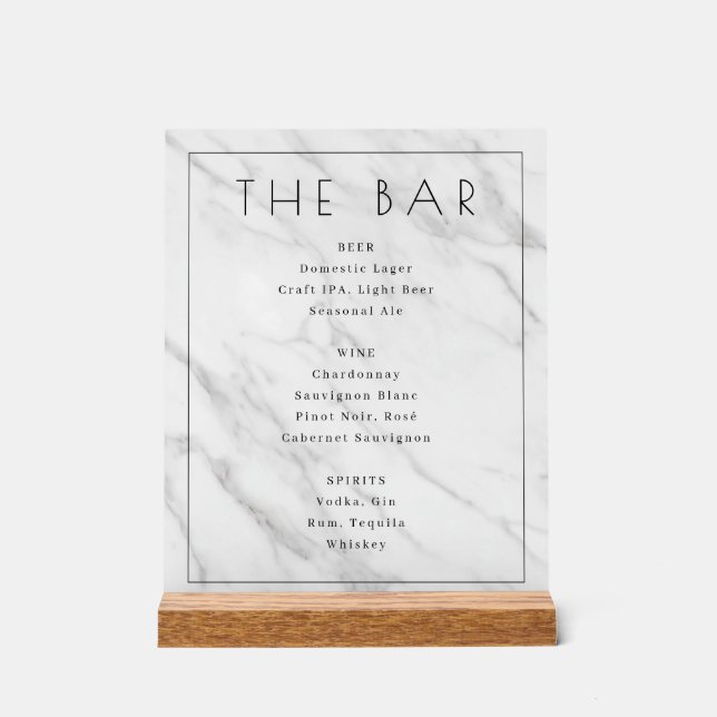 Señal Acrílica Menú de Bar de Mármol Blanco Elegante (Anverso)