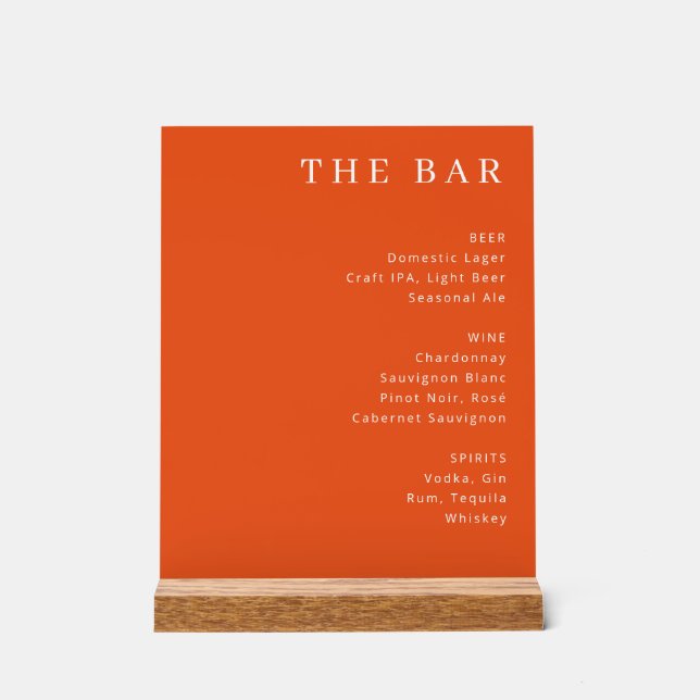 Señal Acrílica Menú de barra con serif de naranja elegante (Anverso)