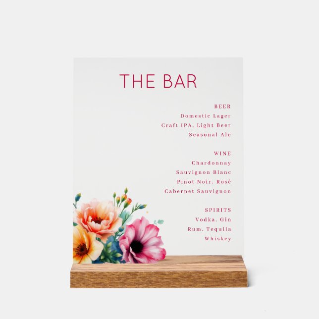 Señal Acrílica Menú de barra floral rosa elegante (Anverso)