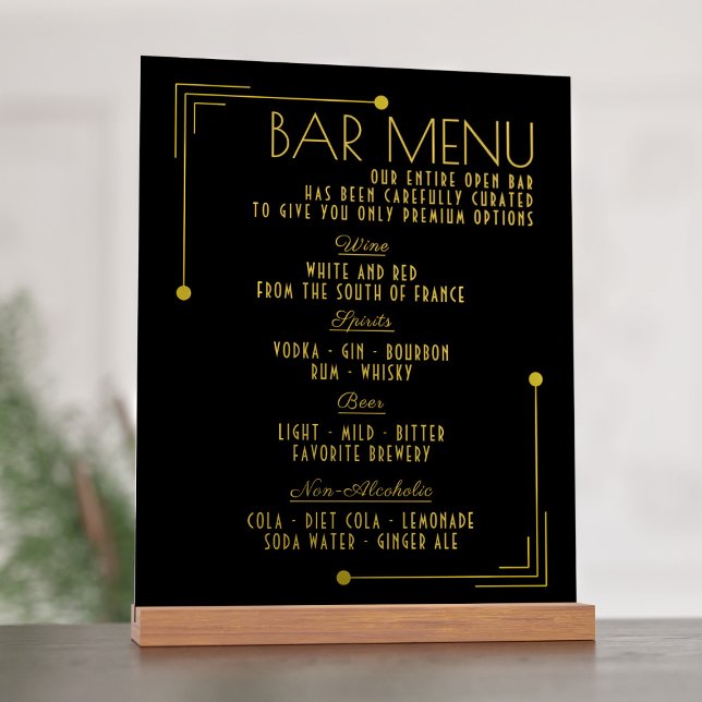 Señal Acrílica Menú de barras Art Deco Bebidas Bodas de los años  (Gatsby Wedding? Need a fancy bar menu? Just add your drinks to this one!)