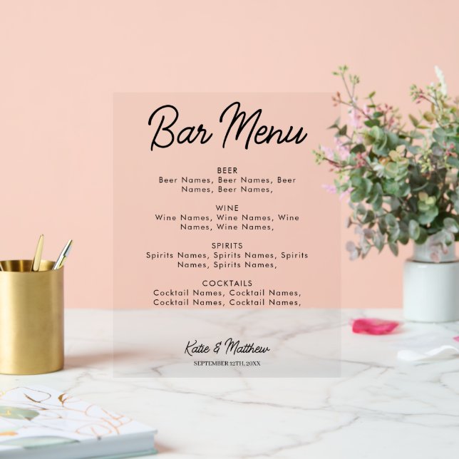 Señal Acrílica Menú de barras Boda de bebidas alcohólicas Minimal (Boda)