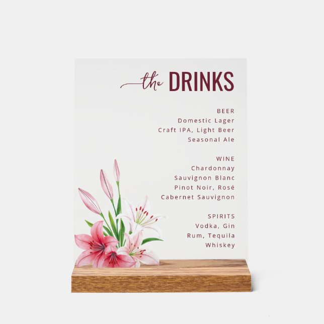 Señal Acrílica Menú de Bebidas Floral Gris Sofisticado (Anverso)