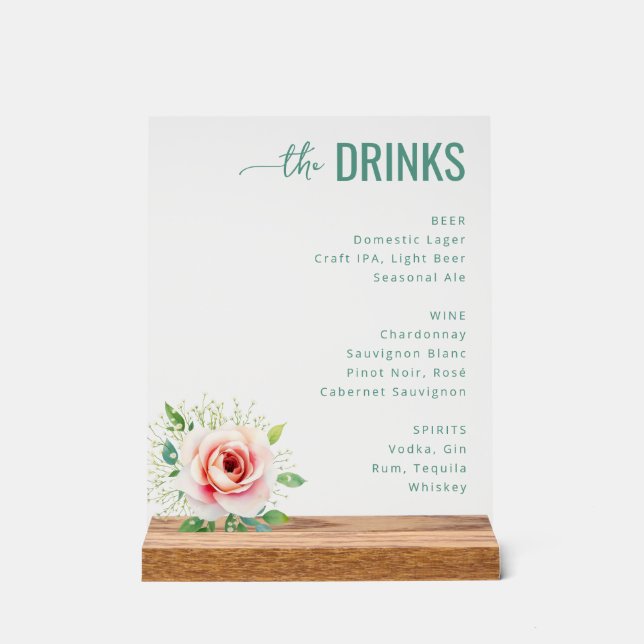 Señal Acrílica Menú de Bebidas Floral Turquesa Elegante (Anverso)