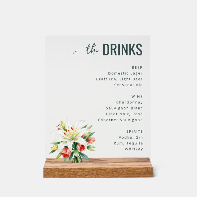 Señal Acrílica Menú de Bebidas Florales Negras Sofisticadas (Anverso)
