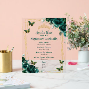 Señal Acrílica Menú de cócteles del bar Quinceanera Emerald Green