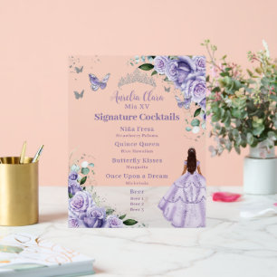 Señal Acrílica Menú de cócteles Quinceanera floral de lavanda mor