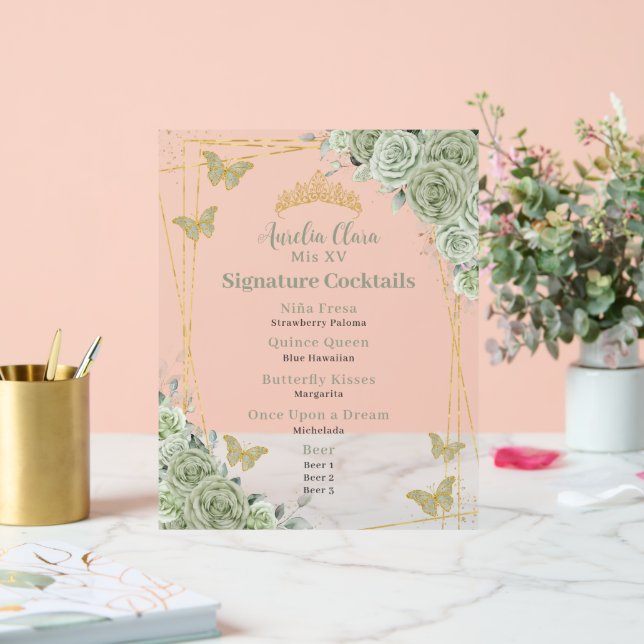 Señal Acrílica Menú de cócteles Quinceanera floral verde sabio (Boda)