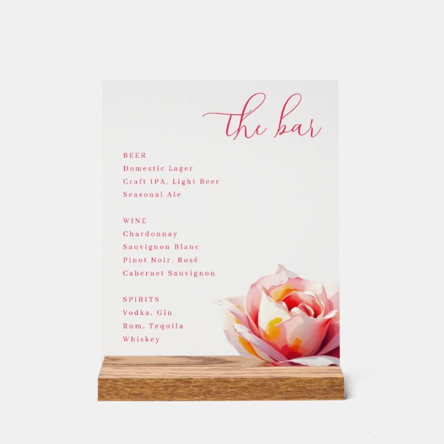 Señal Acrílica Menú de la barra de rosa rosa elegante (Anverso)