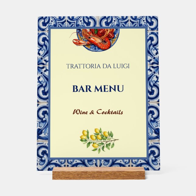 Señal Acrílica Menú de restaurante de mariscos con baldosas sicil (Anverso)
