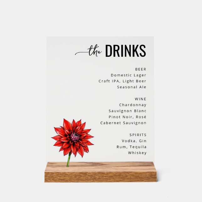 Señal Acrílica Menú moderno de bebidas florales rojas (Anverso)