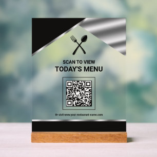 Señal Acrílica Menú negro con código QR sin contacto para restaur