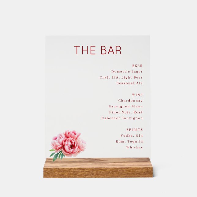 Señal Acrílica Menú sofisticado de bar floral rojo (Anverso)