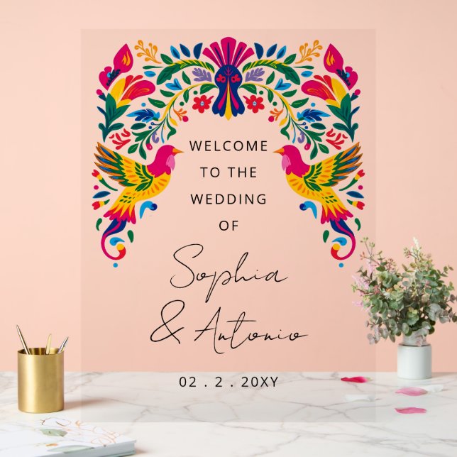 Señal Acrílica Mexican Birds Otomi Floral Fiesta Welcome Sign (Boda)