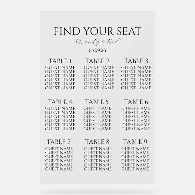 Señal Acrílica Minimalist Wedding Seating Chart | Custom Modern  (Anverso)