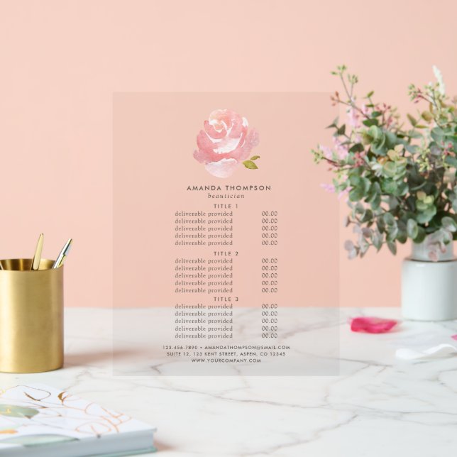 Señal Acrílica Moda acuarela Rubor Pink Rose Precios y servicios (Boda)