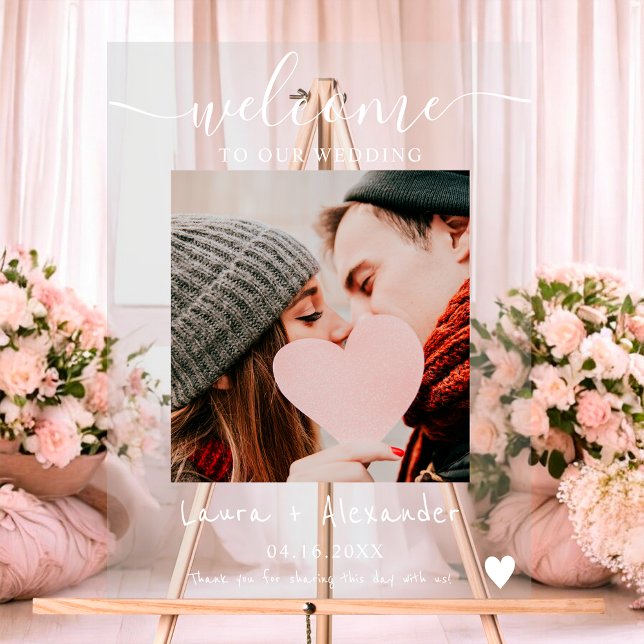 Señal Acrílica Moda elegante guión de fotos en blanco boda bienve (Chic elegant white photo script wedding welcome acrylic sign)
