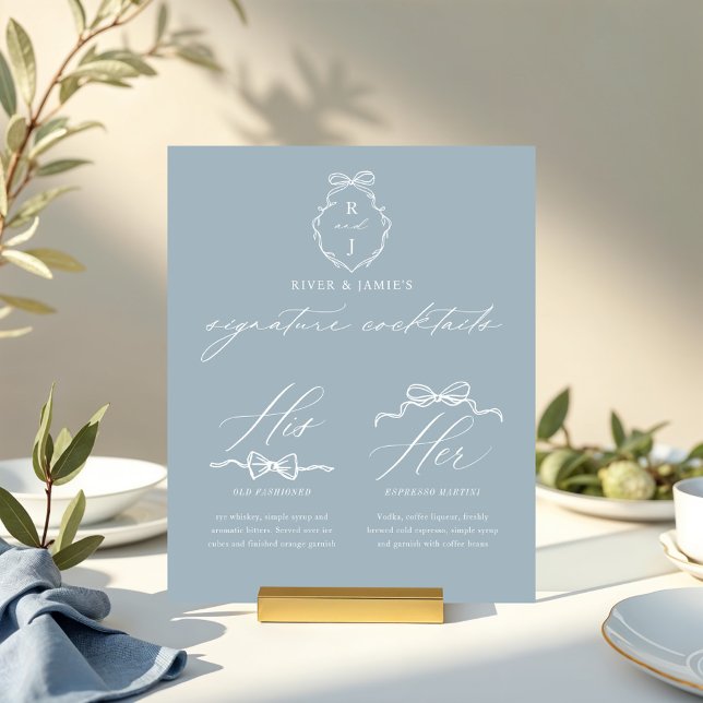 Señal Acrílica Moda se dobla y se pone una copa con su firma Boda (Chic Blue Bows & Bowtie His Her Signature Drink Wedding Acrylic Sign)