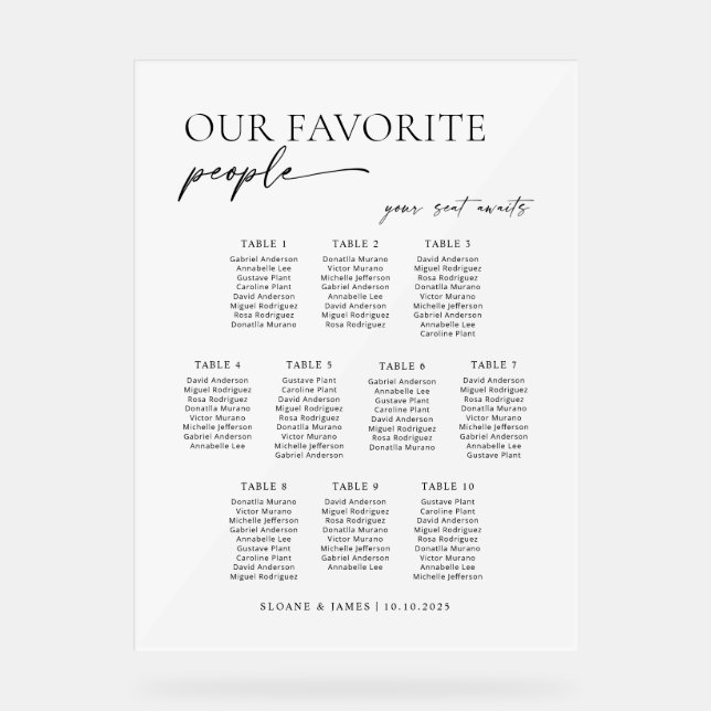 Señal Acrílica Modern 10 Tables Welcome Seating Chart (Anverso)