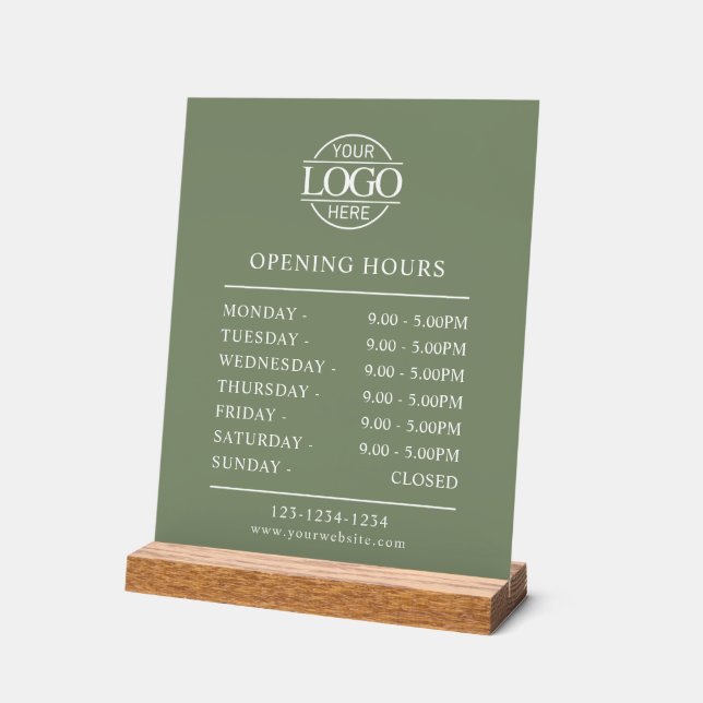 Señal Acrílica Modern Minimal Sage Green Business Opening Hours (Ángulo)