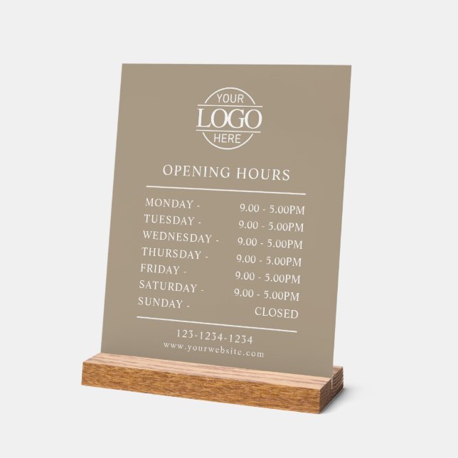 Señal Acrílica Modern Minimal Taupe Beige Business Opening Hours (Ángulo)