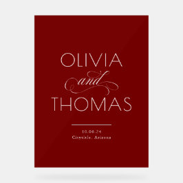 Señal Acrílica Modern Minimalist Burgundy Red Wedding Welcome