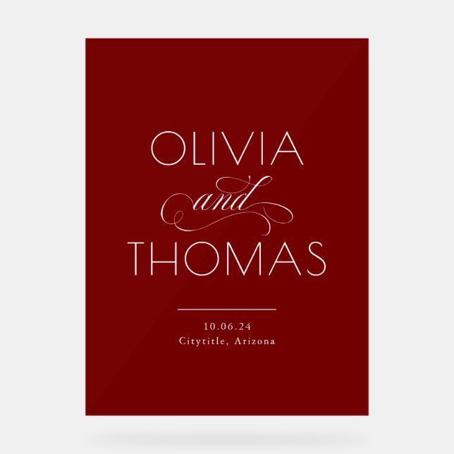 Señal Acrílica Modern Minimalist Burgundy Red Wedding Welcome (Anverso)