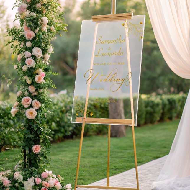 Señal Acrílica Modern Minimalist Golden Floral Wedding Welcome (Subido por el creador)