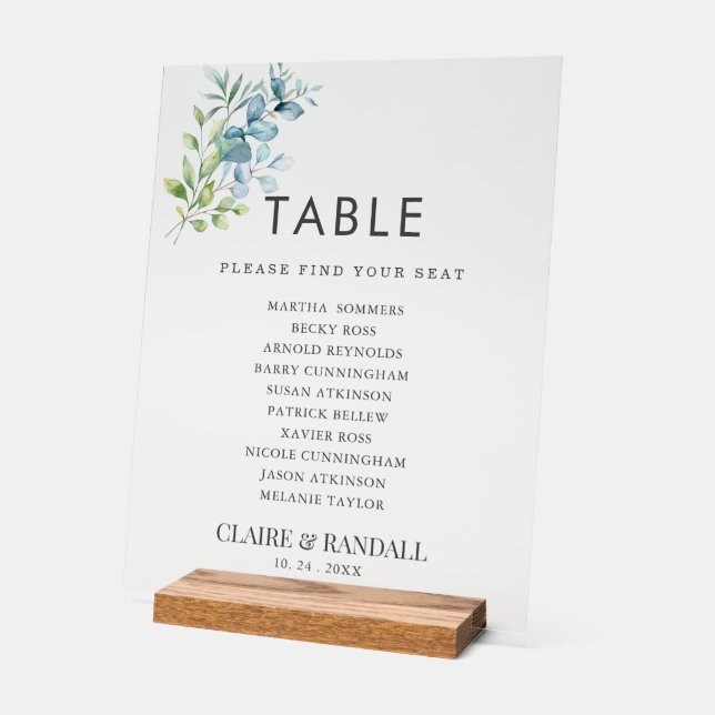 Señal Acrílica Modern Watercolor Eucalyptus Greenery Wedding (Ángulo)