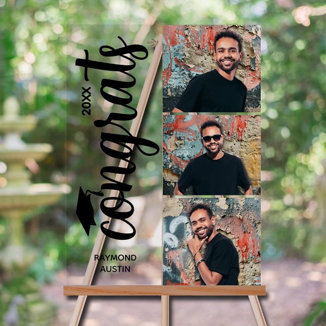 Señal Acrílica Moderna 3 Photo Graduation Party (Modern 3 photo graduation party acrylic sign with your details on chic black lettering)