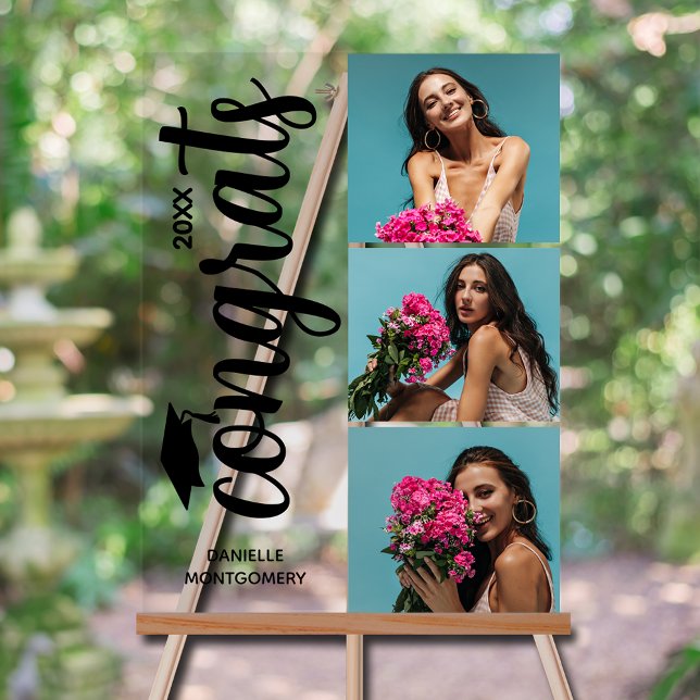 Señal Acrílica Moderna 3 Photo Graduation Party (Modern 3 photo graduation party acrylic sign with your details on chic black lettering)