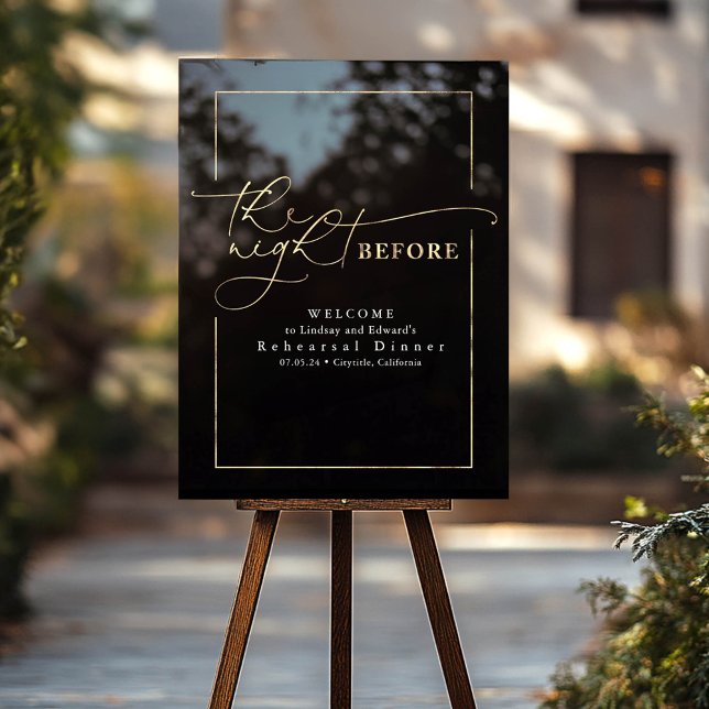 Señal Acrílica Moderna cena de ensayo Bienvenida en negro y oro (Rehearsal Dinner Welcome Sign in Gold and Black)