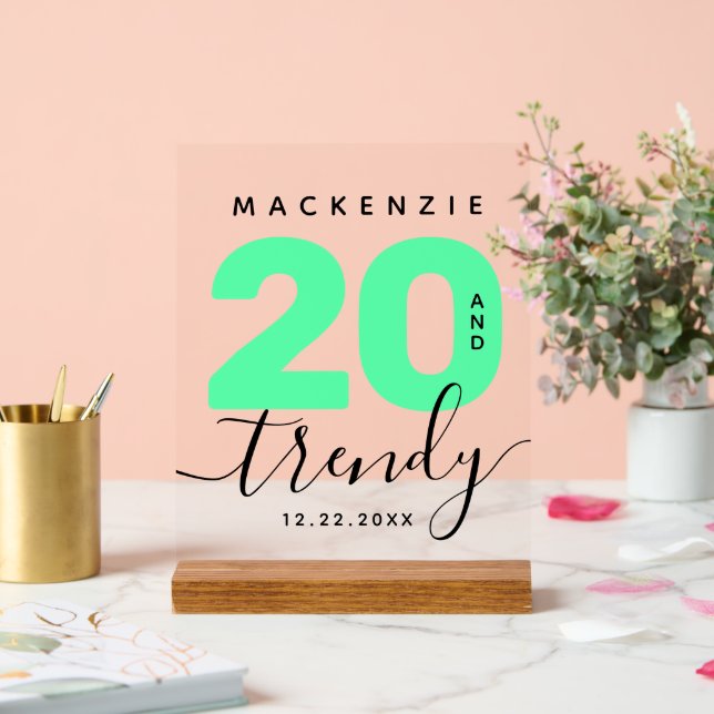 Señal Acrílica Moderna Mint Green 20 y cumpleaños de moda (Boda)