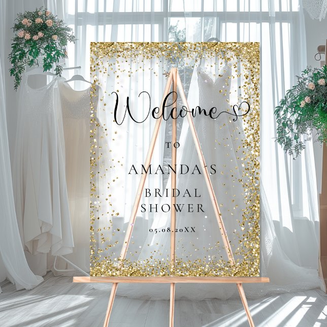 Señal Acrílica Moderna, Purpurina de oro, ducha de novia de bienv (Modern, Gold Glitter Welcome Acrylic Sign with your Name ans Date.)