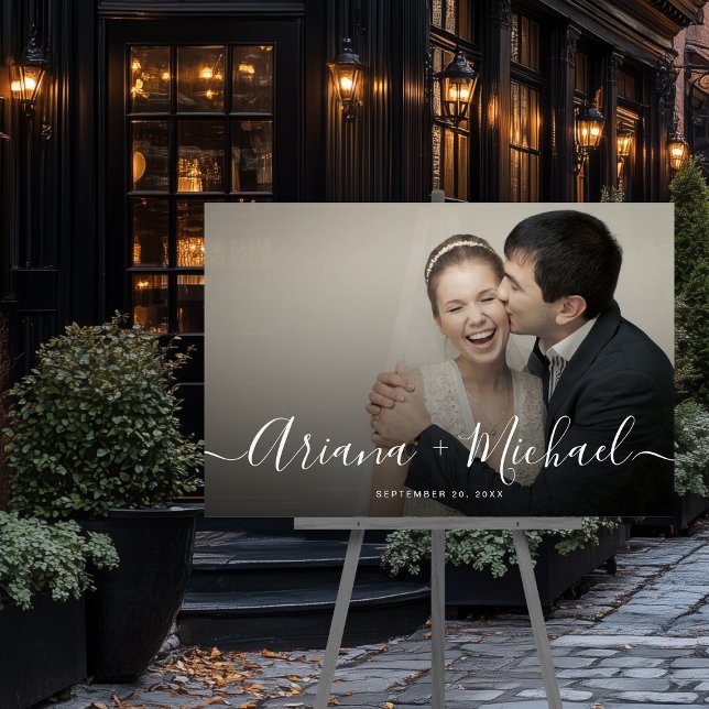 Señal Acrílica Moderna y elegante foto nombre de bienvenida Keeps (Custom Photo and names Keepsake wedding welcome acrylic sign.)