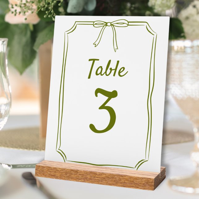 Señal Acrílica Moderno Bow simple Boda Olive Green Table Number (Subido por el creador)