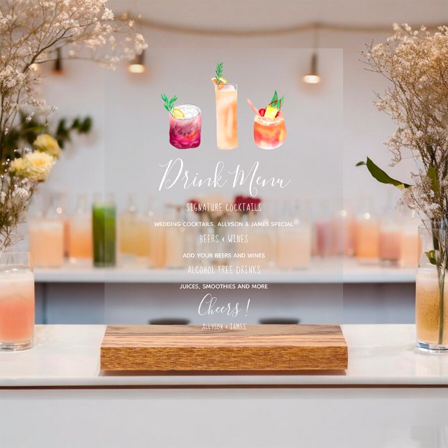 Señal Acrílica Moderno menú de bebidas bodas ilustracion de cócte (Modern wedding drink menu cocktails illustration acrylic sign)